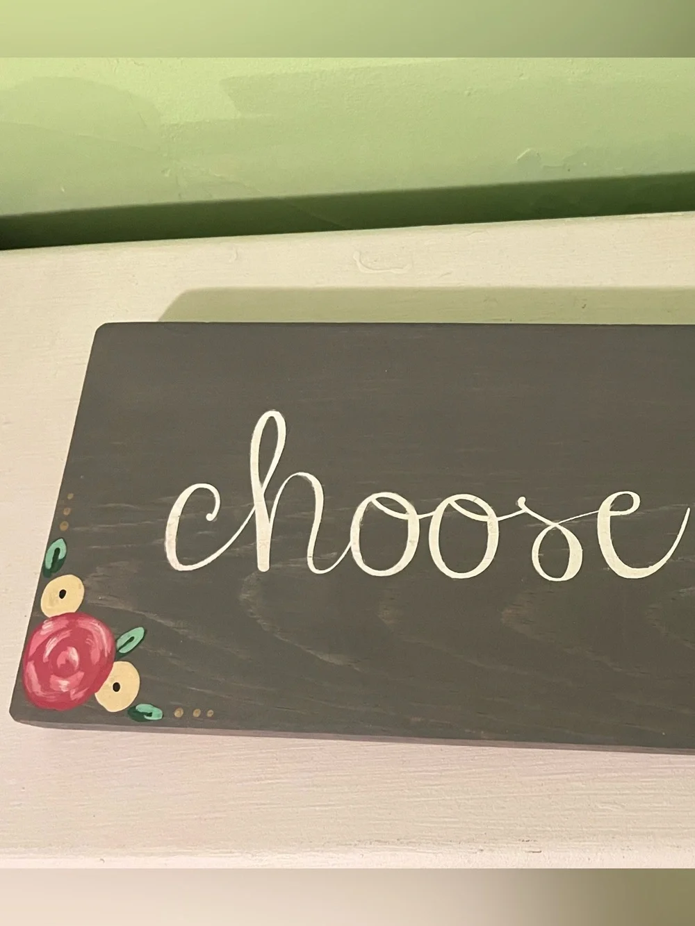 Hand Painted “Choose Joy” Gray Wall Sign with Pink Floral Accents
